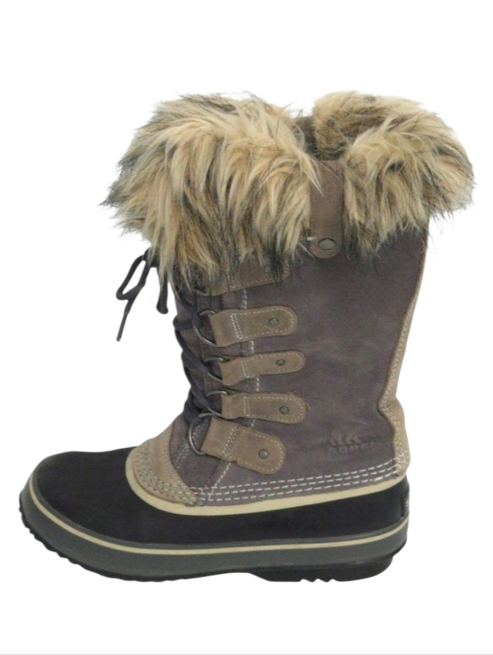 Sorel Gray Beige Suede, Fur & Black Rubber Joan of Artic Winter Snow Boots- Sz 8